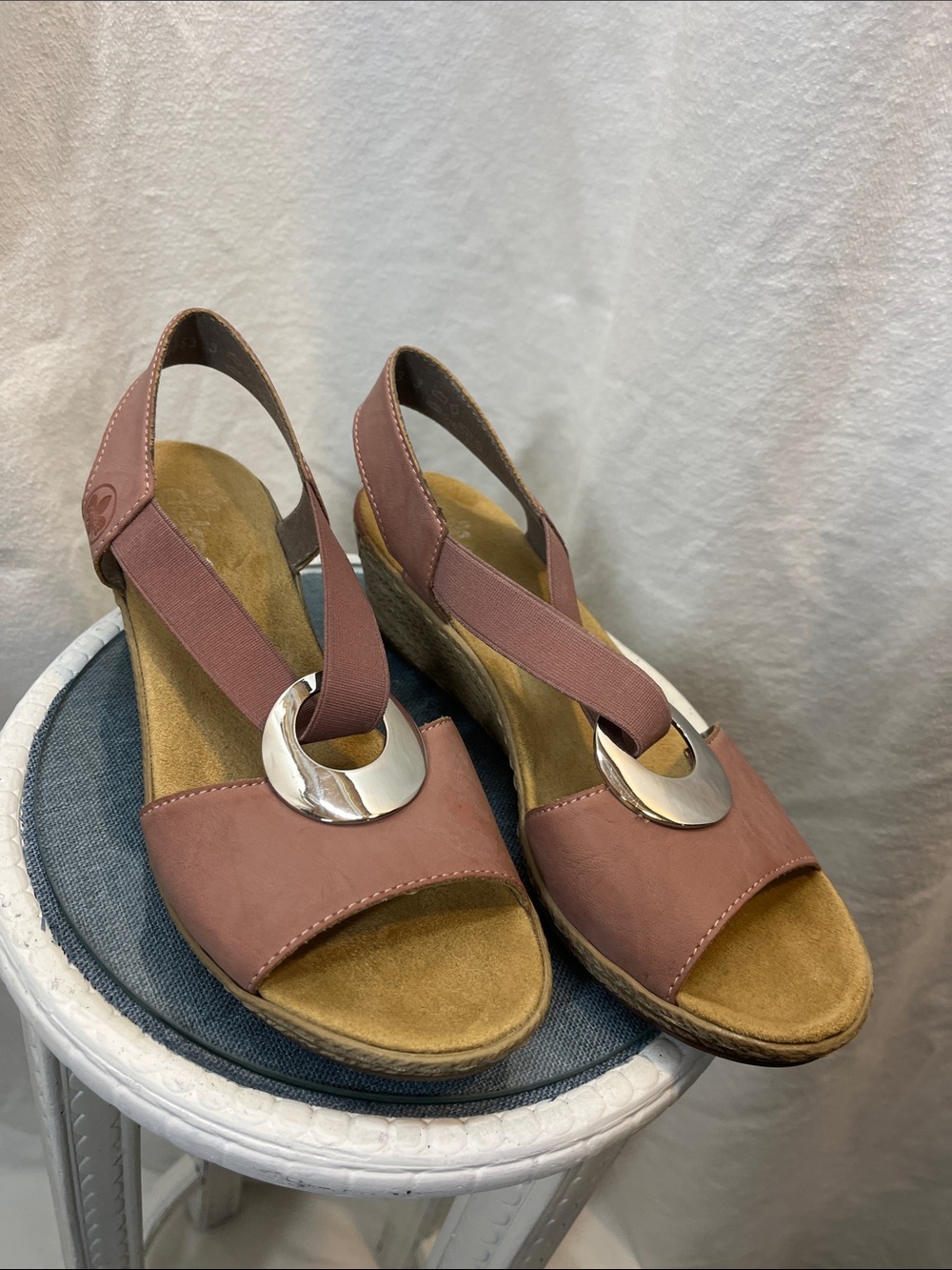 Rieker Mauve Elastic Slingback Wedge Sandals with Silver Ring